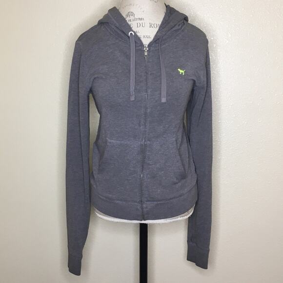 Pink VS Medium Gray & Neon Green Zip Up Hoodie - Picture 1 of 5